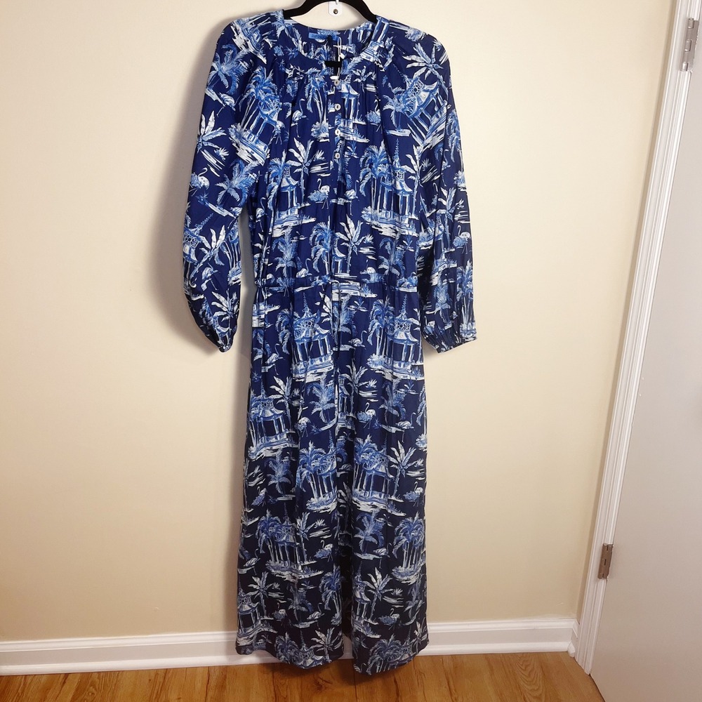 J.McLaughlin Maxi Dress Womens M Blue Filipa de Abreu Toile Cotton Long Sleeve‎ - Picture 2 of 11